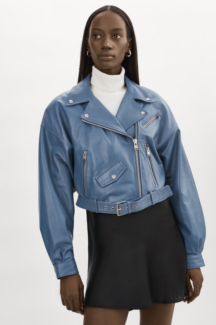 Lamarque DYLAN Veste moto raccourcie en cuir fauve avec épaules matelassé