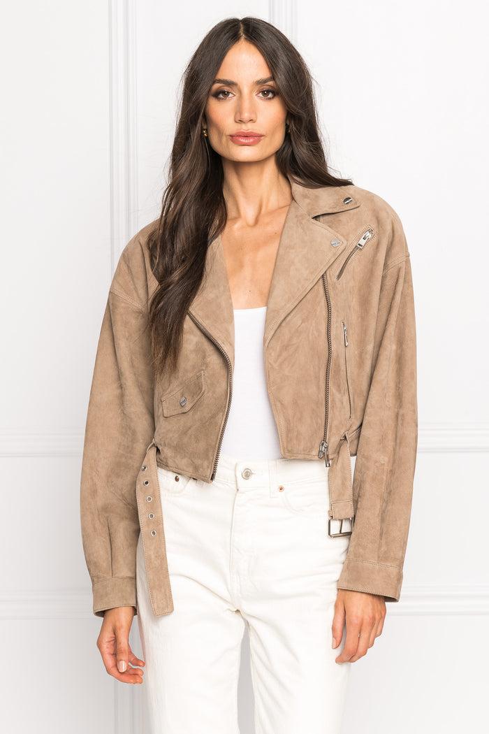 Lamarque DYLAN Veste Moto Raccourcie En Suède Avec épaules Matelassé