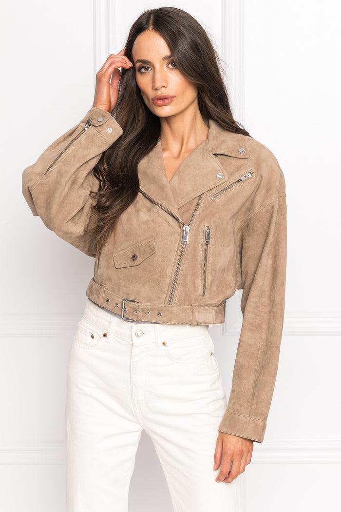 Lamarque DYLAN Veste Moto Raccourcie En Suède Avec épaules Matelassé