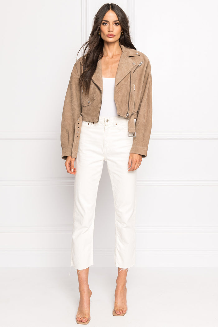 Lamarque DYLAN Veste Moto Raccourcie En Suède Avec épaules Matelassé