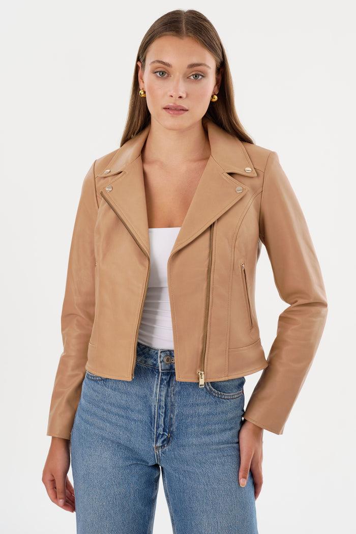 Lamarque KELSEY | Veste motard en cuir quincaillerie champagne