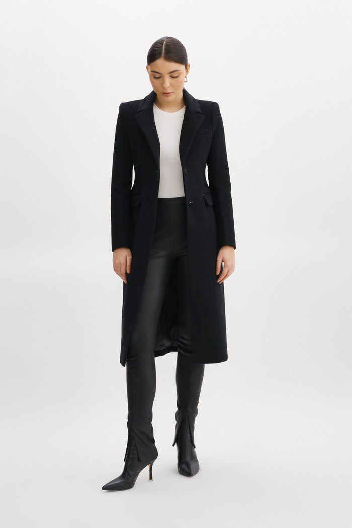 Lamarque MALVA | Manteau De Laine Coupe Sablier Avec Faux-col En Cuir Noir