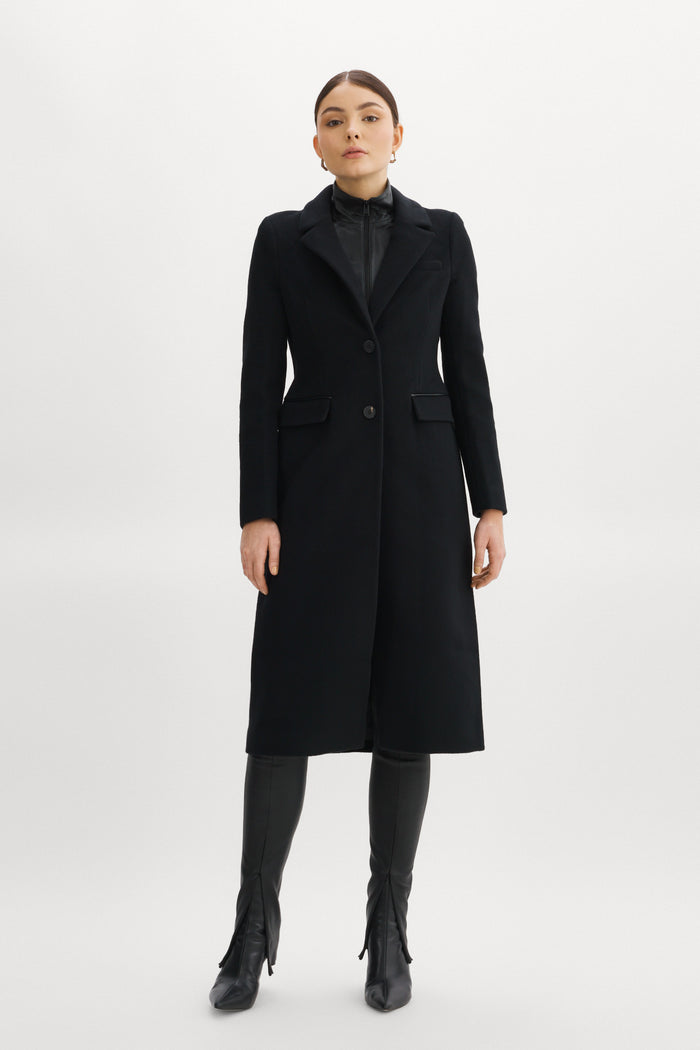 Lamarque MALVA | Manteau De Laine Coupe Sablier Avec Faux-col En Cuir Noir