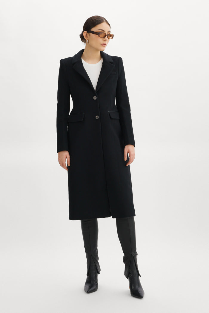 Lamarque MALVA | Manteau De Laine Coupe Sablier Avec Faux-col En Cuir Noir