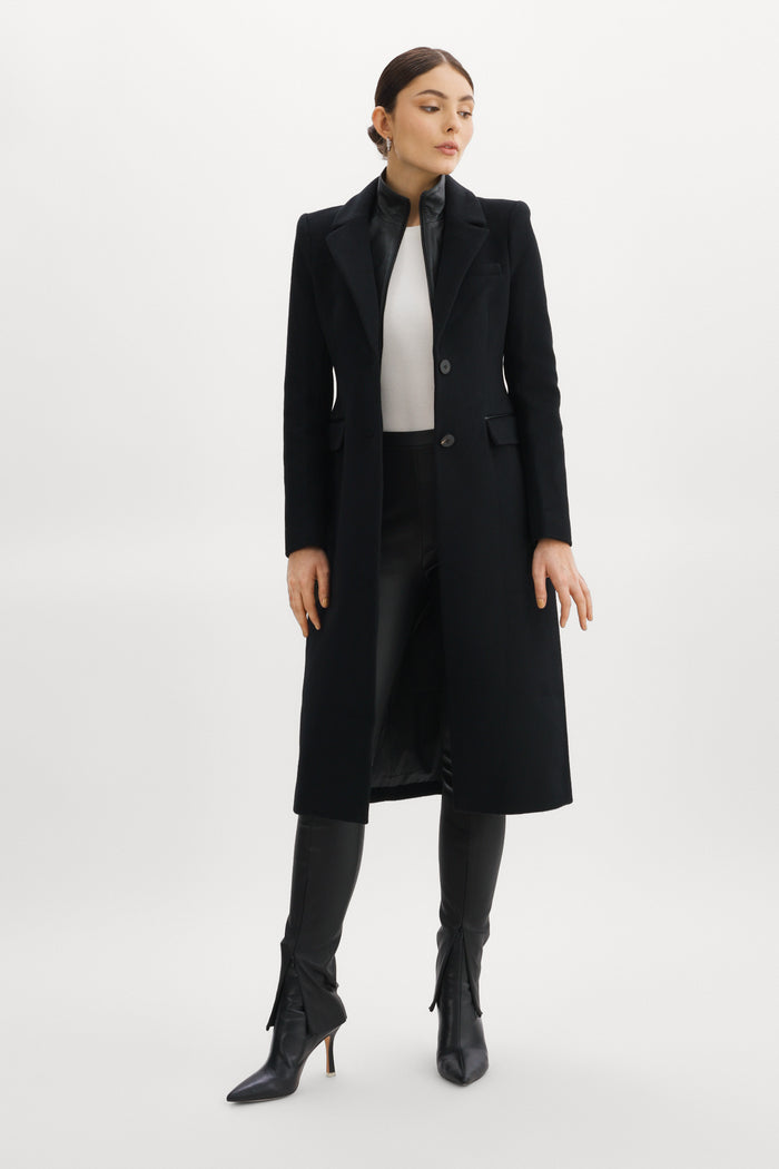 Lamarque MALVA | Manteau de laine coupe sablier avec faux-col en cuir noir