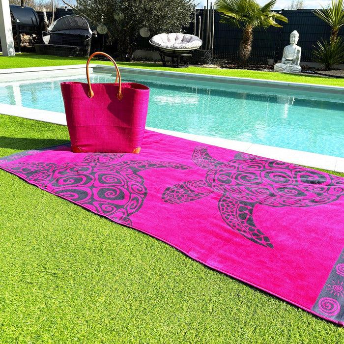Le Comptoir De La Plage Serviette De Plage éponge Velours Jacquard Fuchsia Turtle - Taille L 100x175cm