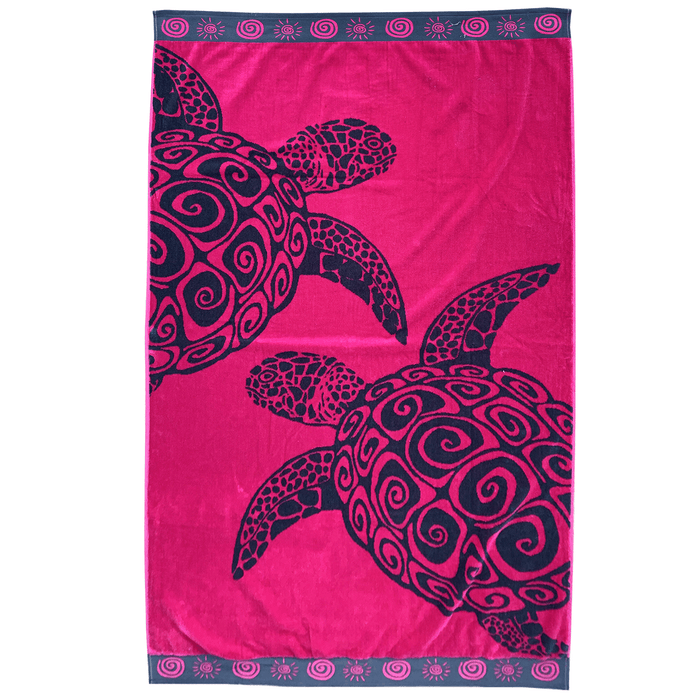 le comptoir de la plage Serviette de plage éponge Velours Jacquard Fuchsia Turtle - Taille L 100x175cm