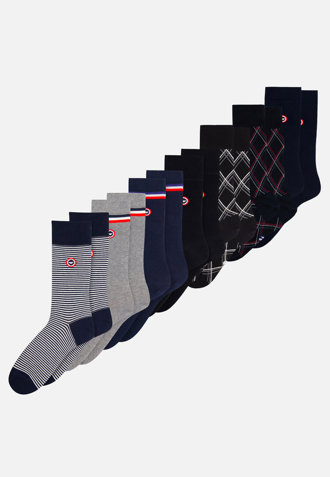 le slip français 7 Paires de chaussettes mi-hautes en coton Pack Semainier Chaussettes Marinière Gris Chiné Marine Tartan Noir