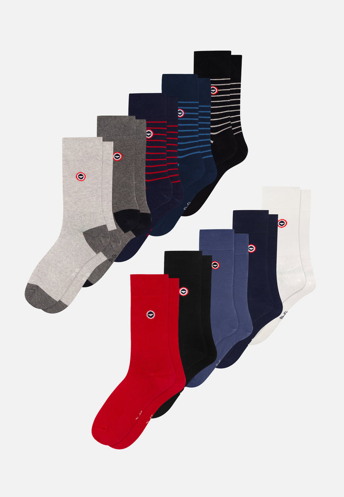 le slip français Chaussettes mi-hautes en coton Pack 10 Robuste Gris Anthracite Noir Gris Clair Blanc Marine Acier Rouge Cerise Rayures