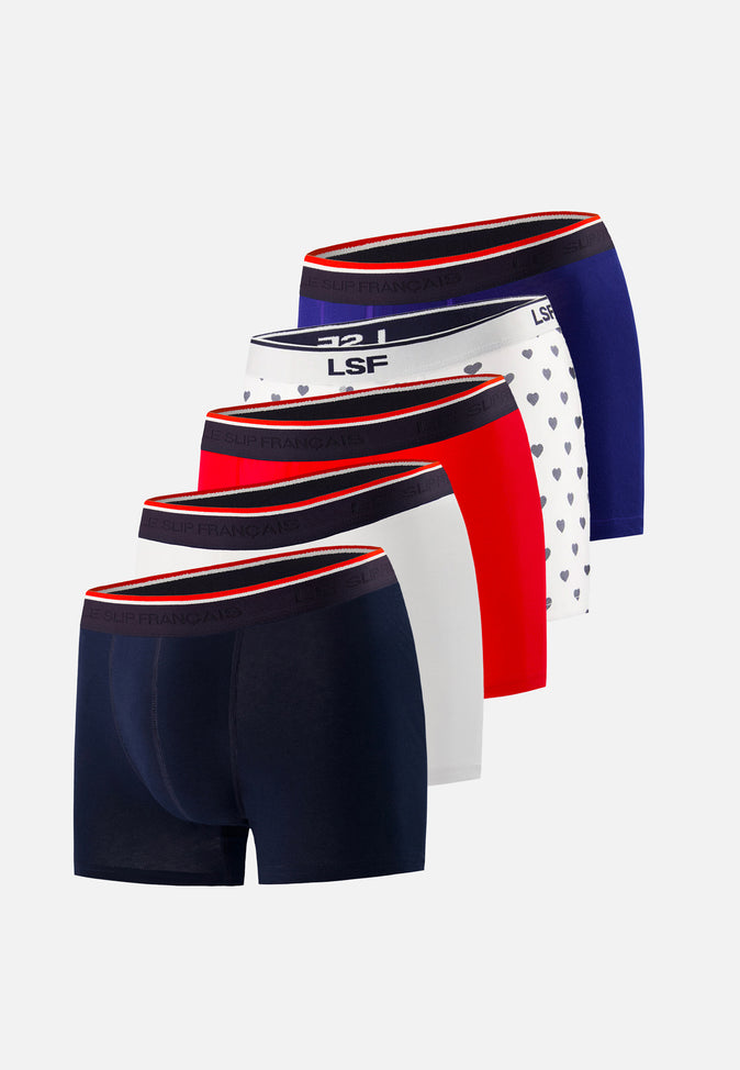 le slip français Cinquo de boxer en coton Pack Cinquo Boxers Marius Marine Rouge Blanc Indigo Coeur Marine