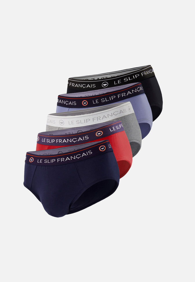 le slip français Cinquo de slips en coton Pack Cinquo Slip Intrépide Marine Bleu Jean Rouge Cerise Gris Chiné Noir