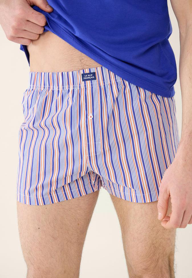 Le Slip Français Ensemble De Pyjama T-shirt Et Short En Coton Pack Chris Rayure Bleu Eblouissant Coquelicot