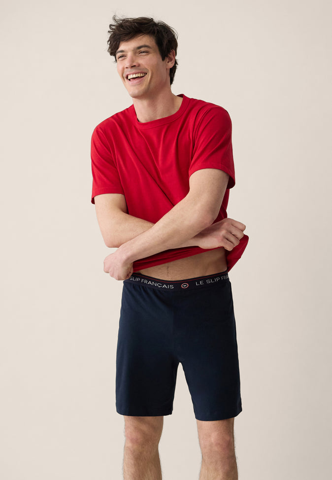 le Slip Français Ensemble Pyjama T-shirt Et Short En Coton Pyjama Formidable Rouge Cerise Et Invincible Marine