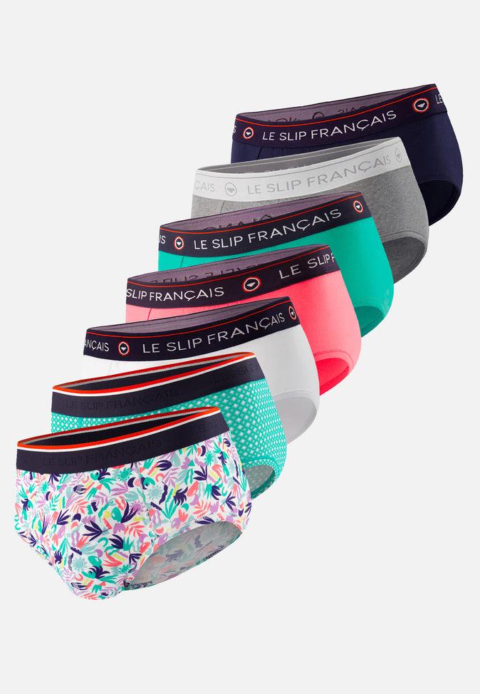 le slip français Pack sept slips en coton Pack Semainier Slip Redoutable Little Jungle Viola Neon Pink Marine Gris Chiné Caviar Lagon Blanc Mint