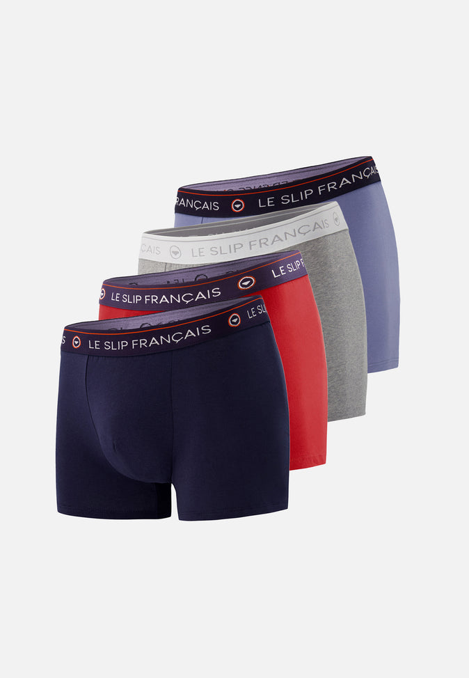 le slip français Quatro de boxers en coton Pack Quatro Boxer Redoutable Marine Bleu Jean Rouge Cerise Gris Chiné