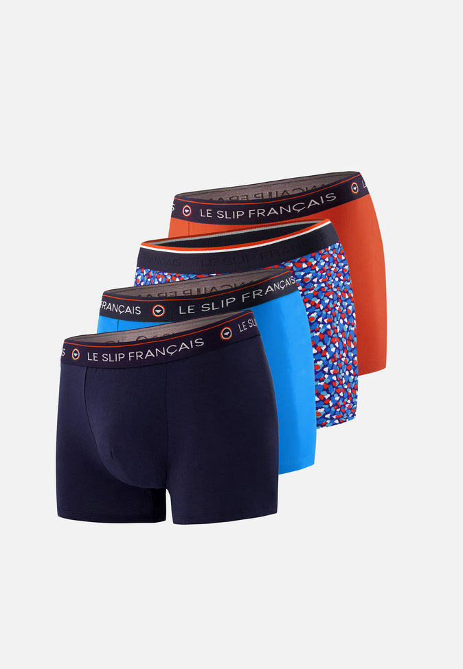 le slip français Quatro de boxers en coton Pack Quatro Boxer Redoutable Marine Argile Rouge Bleu Fluo Marius Cami Bleu Fluo