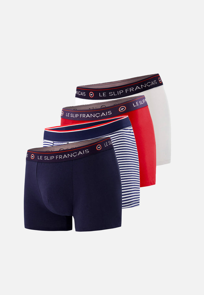 le slip français Quatro de boxers en coton Pack Quatro Boxers Marius Marinière Redoutable Marine Rouge Blanc