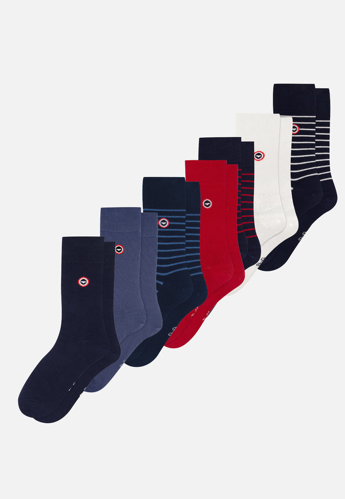 le slip français Semainier de chaussettes mi-hautes en coton Pack Semainier Robuste Marine Acier Rouge Blanc Rayures Marine
