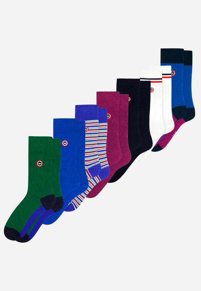 le slip français Semainier de chaussettes mi-hautes en coton Pack Semainier Lucas Bloc Emeraude Bleu Eblouissant Rayures Matelas Purple Bloc Bleu Eblouissant Marine Blanc
