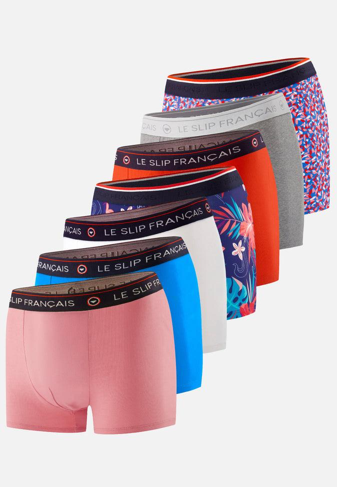 le slip français Sept boxers en coton Pack Semainier Boxer Redoutable Rose des Bois Blanc Argile Rouge Bleu Fluo Gris Chiné Marius Hawaï Cami Bleu Fluo le slip français Sept boxers en coton Pack Semainier Boxer Redoutable Rose des Bois Blanc Argile Rouge Bleu Fluo Gris Chiné Marius Hawaï Cami Bleu Fluo