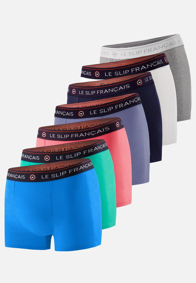 le slip français Sept boxers en coton Pack Semainier Boxer Redoutable Bleu Fluo Mint Neon Pink Bleu Jean Marine Blanc Gris Chiné le slip français Sept boxers en coton Pack Semainier Boxer Redoutable Bleu Fluo Mint Neon Pink Bleu Jean Marine Blanc Gris Chiné