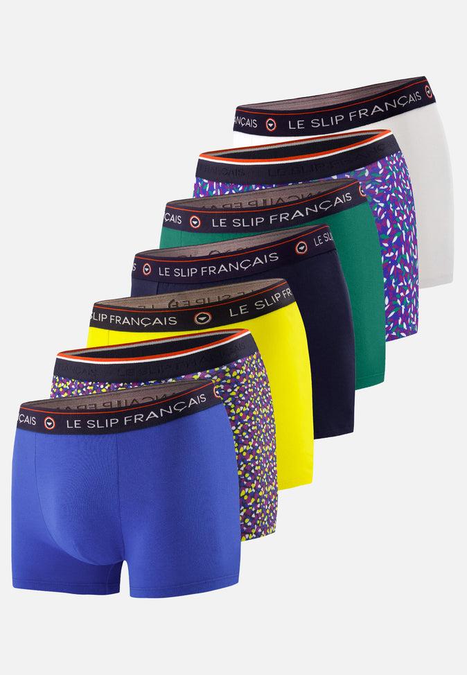 le slip français Sept boxers en coton Pack Semainier Boxer Redoutable Bleu Éblouissant Tournesol Marine Emeraude Blanc Marius Cami Tournesol Gavotte Purple