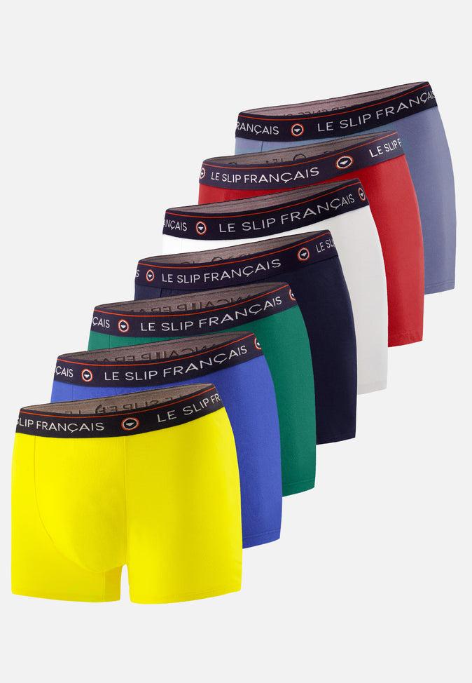 le slip français Sept boxers en coton Pack Semainier Boxer Redoutable Tournesol Bleu Éblouissant Emeraude Marine Blanc Rouge Bleu Jean