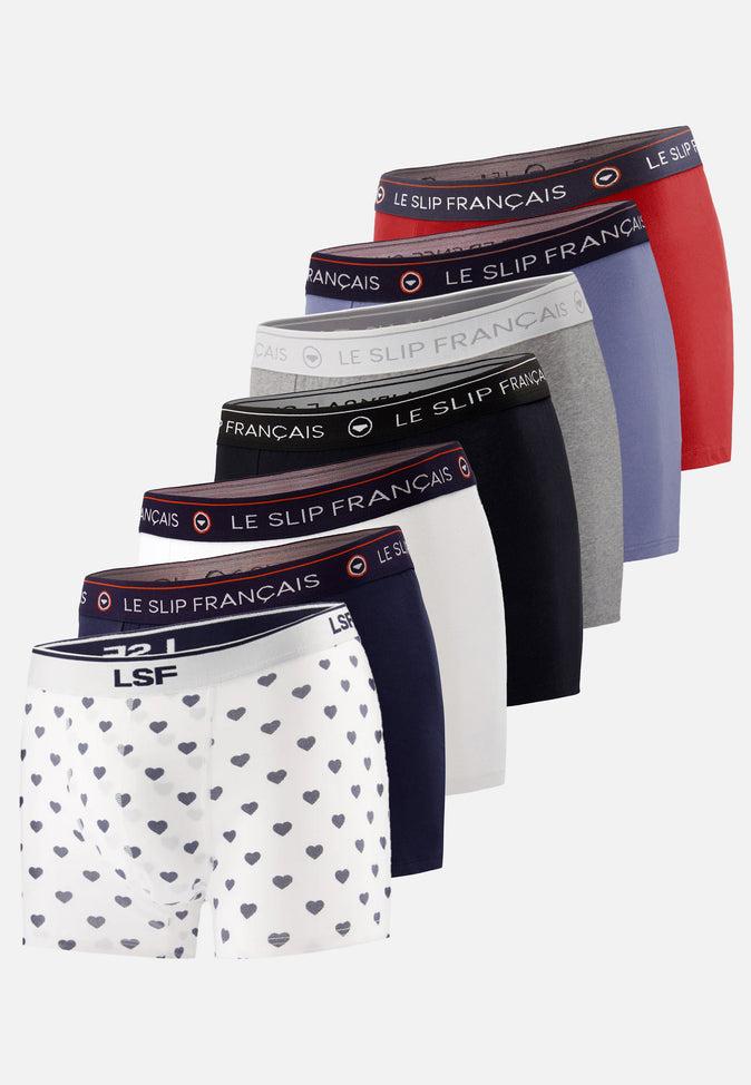 le slip français Sept boxers en coton Pack Semainier Boxer Redoutable Marine Blanc Noir Gris Bleu Jean Rouge Marius Petit Coeur Marine