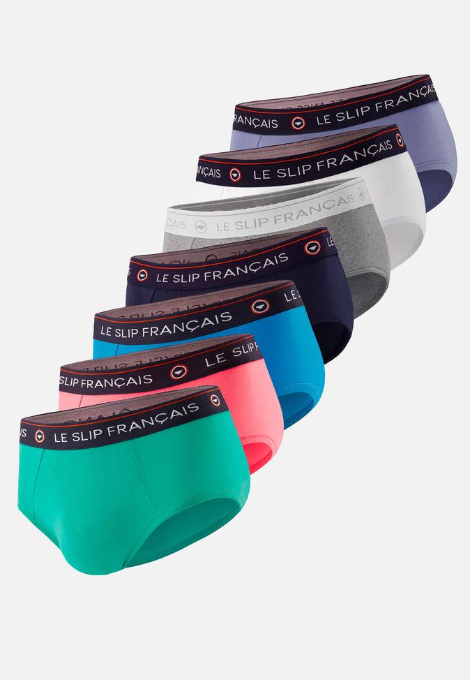le slip français Sept Slips en coton Pack Semainier Slip Intrépide Bleu Jean Mint Neon Pink Bleu Fluo Marine Blanc Gris Chiné