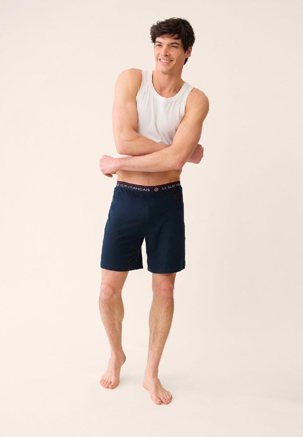 Le Slip Français Short De Pyjama En Coton Invincible Marine Brodé 'Coeur'