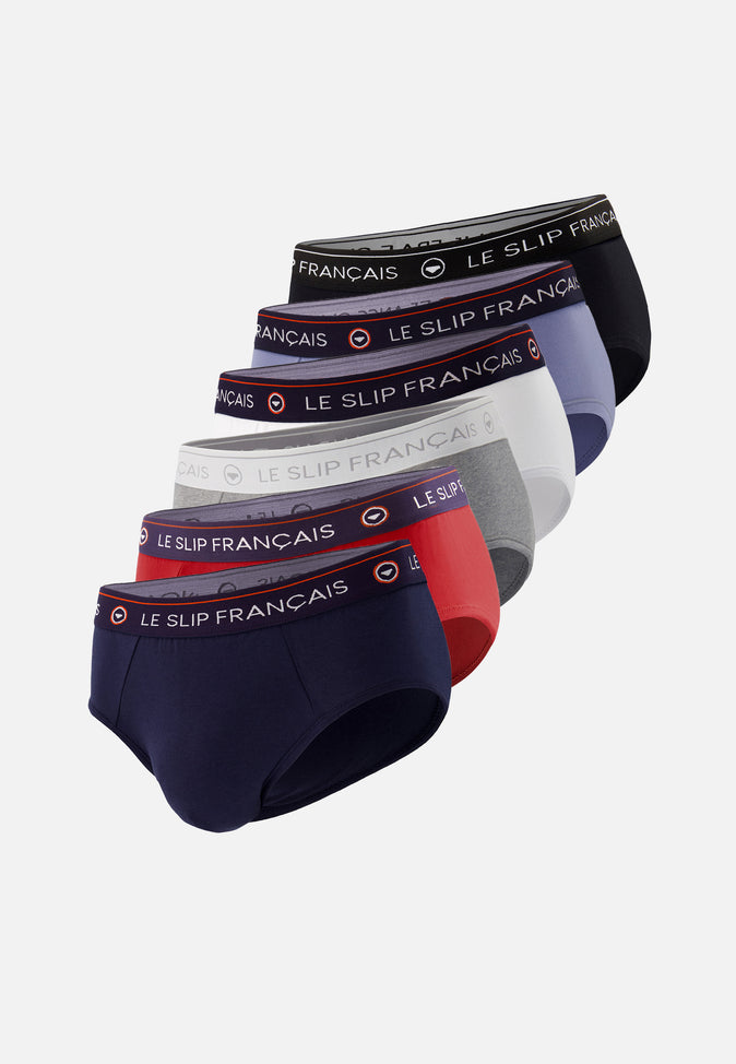 le slip français Six pack slips en coton Pack 6 Slip Intrépide Noir Blanc Marine Rouge Cerise Gris Chiné Bleu Jean