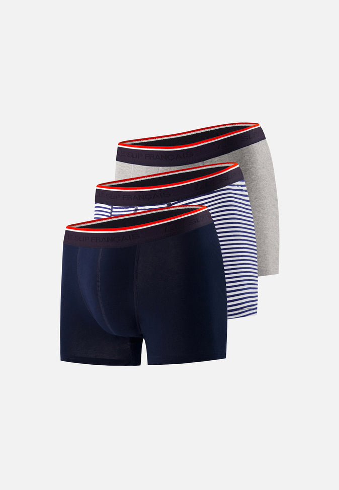 le slip français Trio de boxers en coton Pack Trio Boxer Marius Marinière Marine Gris