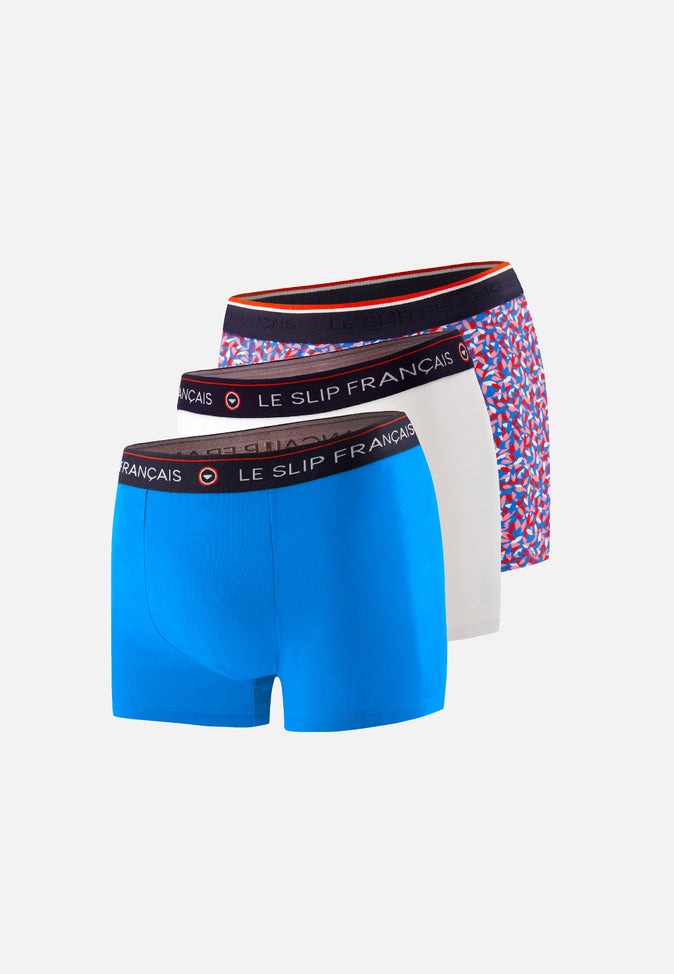 le slip français Trio de boxers en coton Pack Trio Boxer Redoutable Blanc Bleu Fluo Marius Gavotte Bleu Fluo