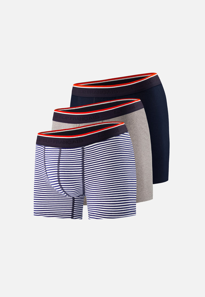 le slip français Trio de boxers longs en coton Pack Trio Boxer Michel Marinière Marine Gris Chiné