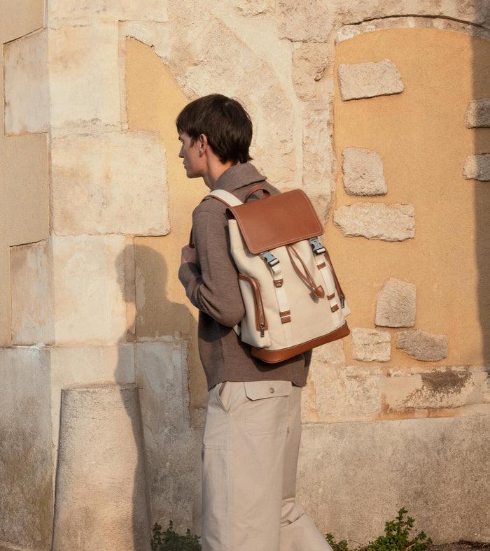 Le Tanneur Sac à Dos à Rabat En Toile Coton Et Cuir Lisse Semi-végétal