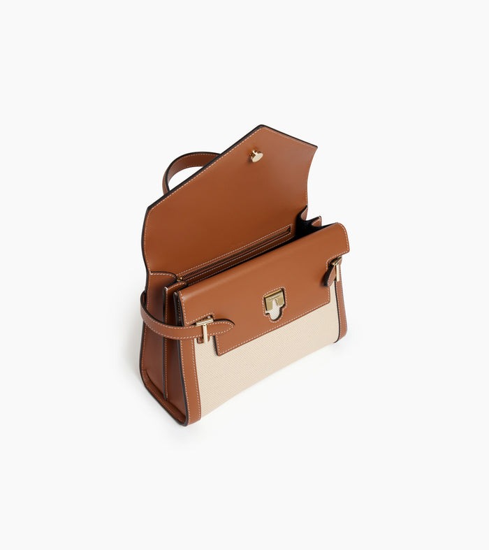 Le Tanneur Sac à Main Double Rabat Moyen Modèle En Toile Coton Et Cuir Lisse