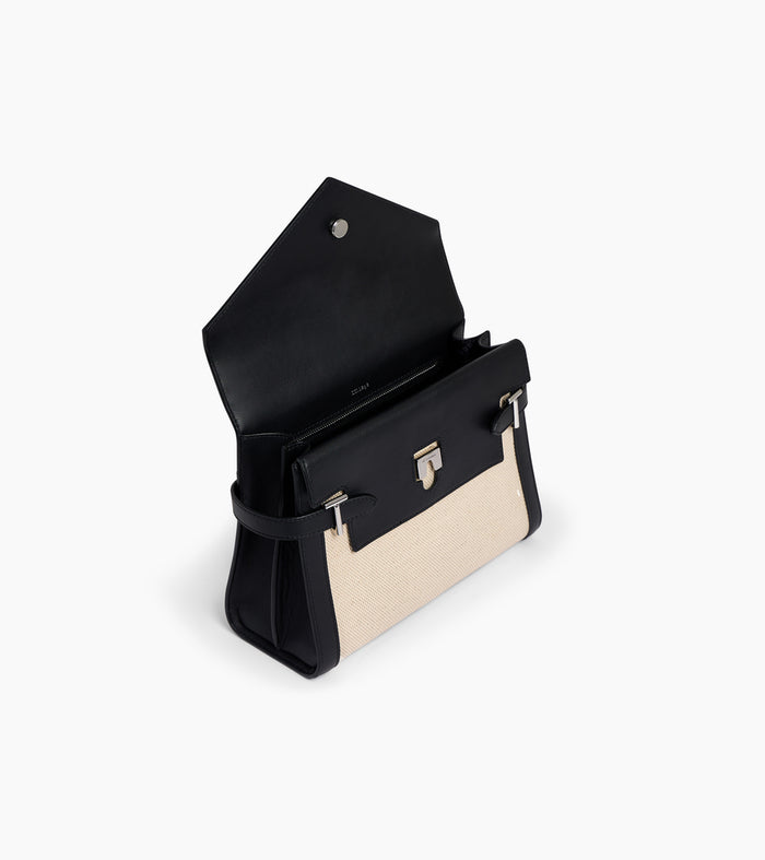 Le Tanneur Sac à Main Double Rabat Moyen Modèle En Toile Coton Et Cuir Lisse