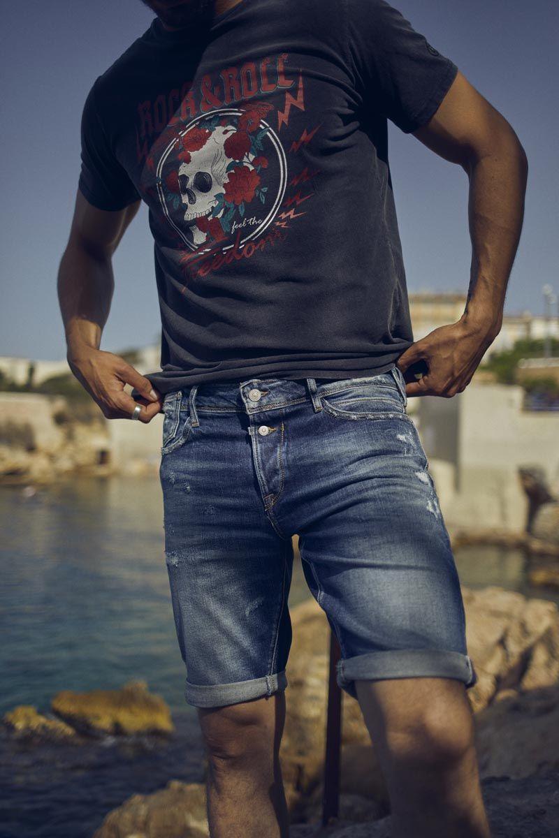 le temps des cerises Bermuda Laredo en jeans bleu foncé destroy