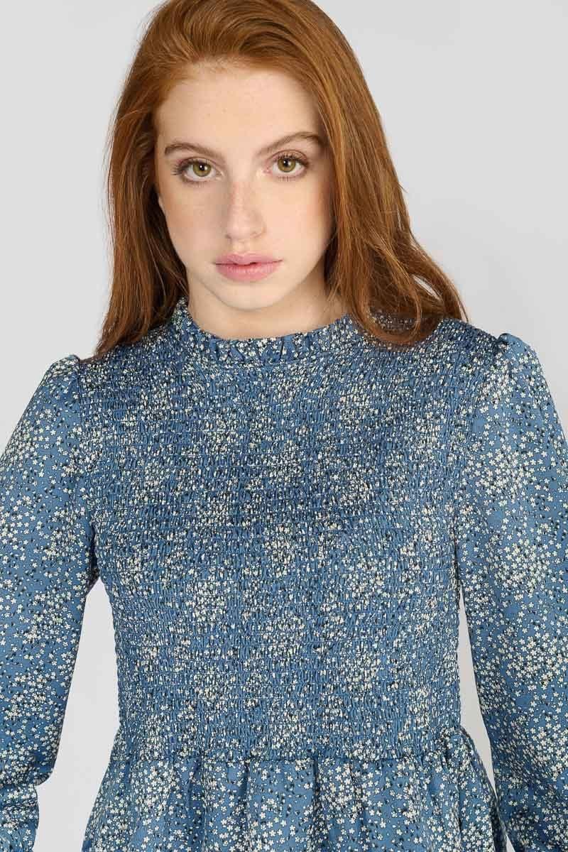 Le Temps Des Cerises Blouse Divegi Bleue à Motif Fleuri
