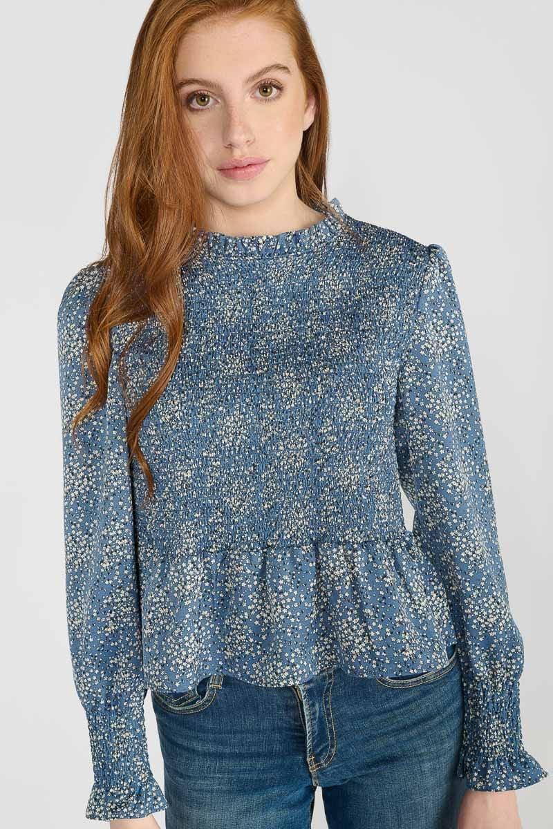 le temps des cerises Blouse Divegi bleue à motif fleuri