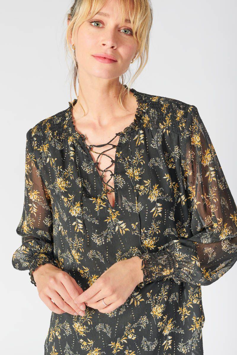 Le Temps Des Cerises Blouse Ioshi Noire à Motif Floral