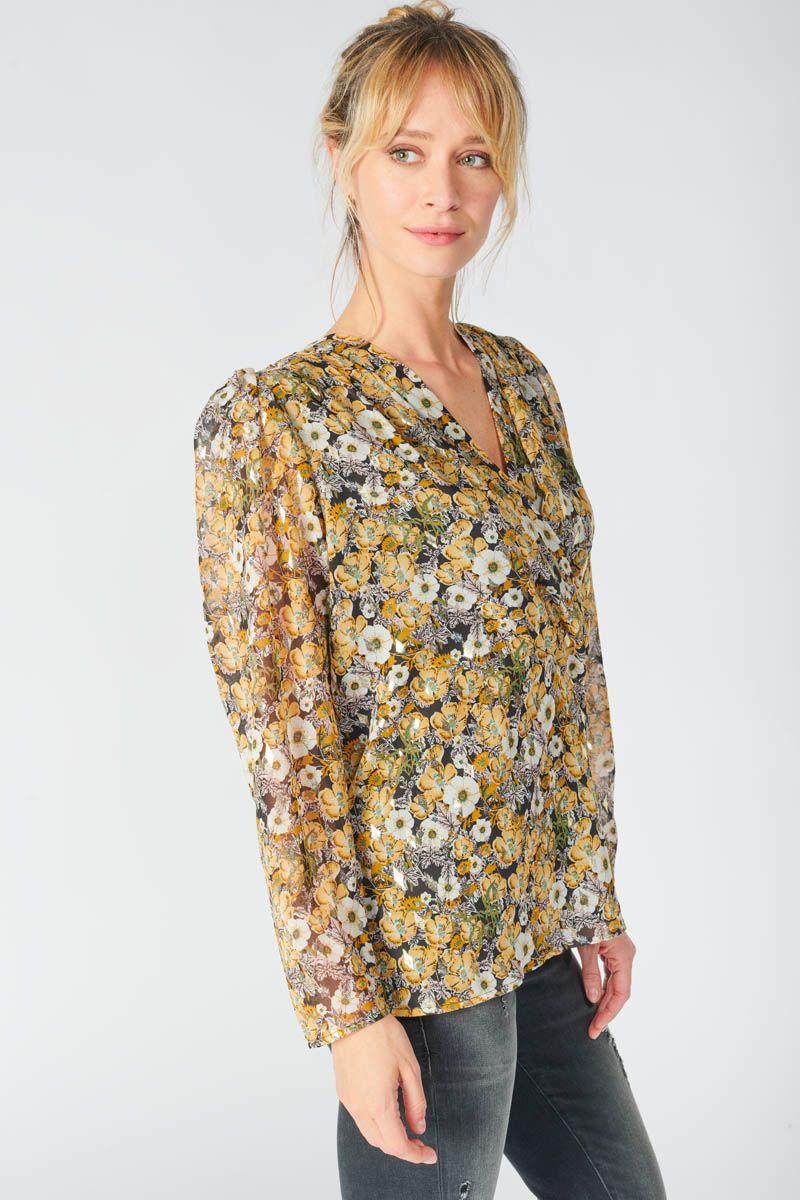 Le Temps Des Cerises Blouse Latin à Motif Fleuri Ocre