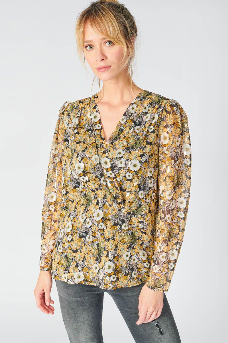 Le Temps Des Cerises Blouse Latin à Motif Fleuri Ocre