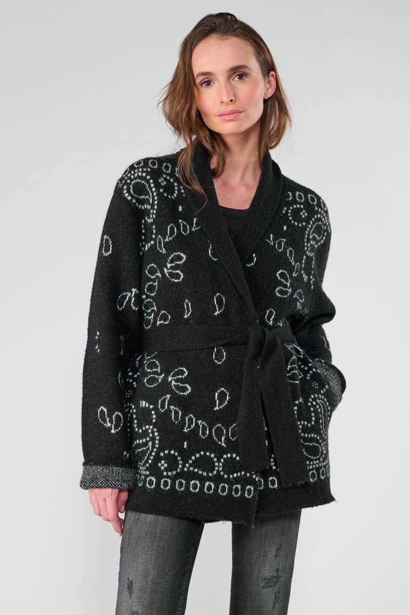 le temps des cerises Cardigan Bao noir à motif cachemire