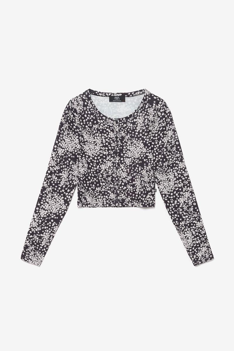 le temps des cerises Cardigan Comegi à motif floral noir et blanc