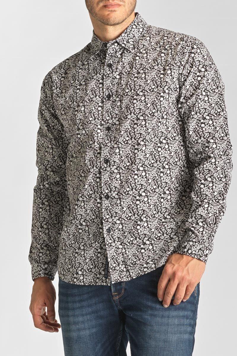 le temps des cerises Chemise Morel noire à motif fleuri blanc