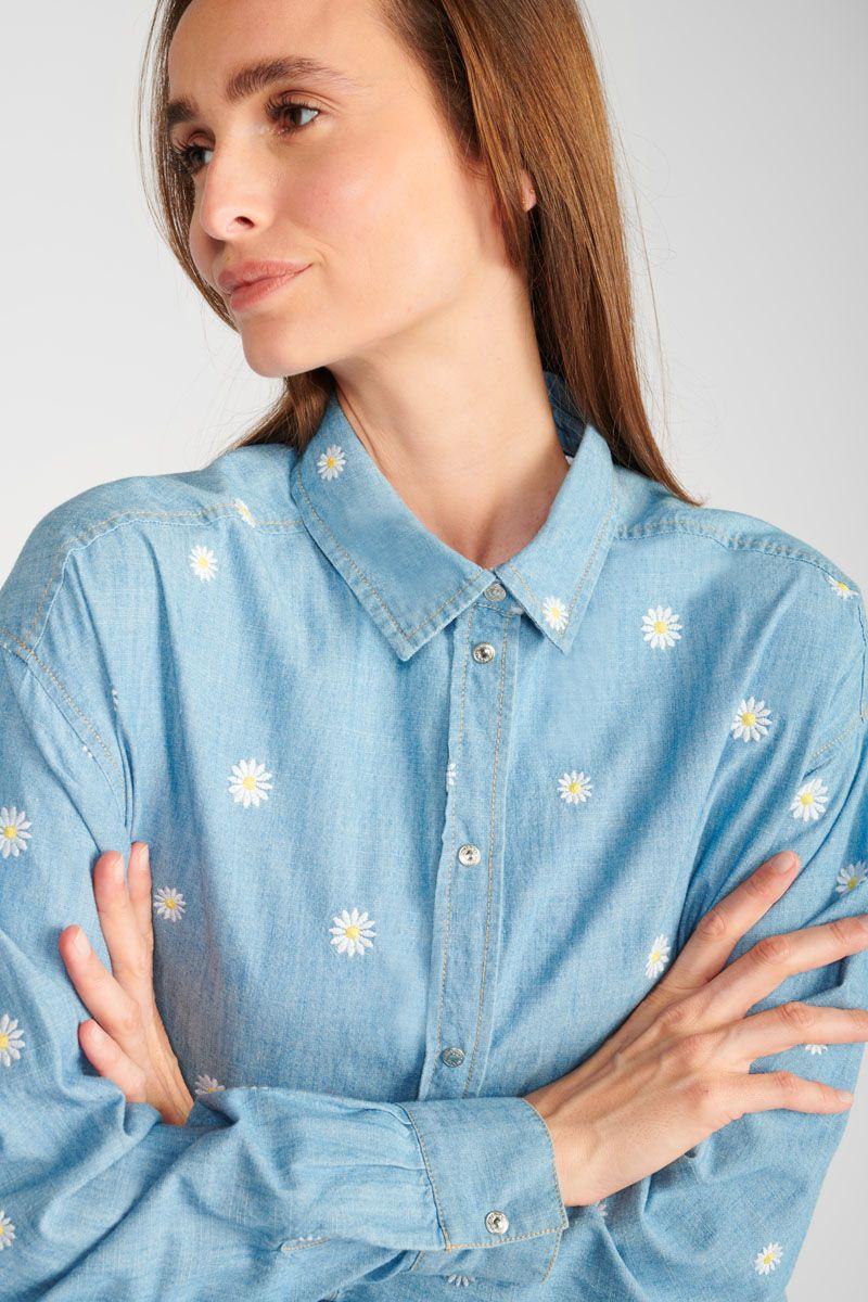 Le Temps Des Cerises Chemise Oversize Aubepin Bleu Denim Brodée
