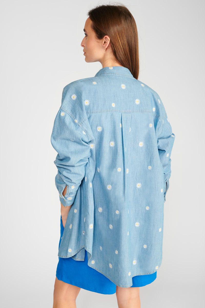 Le Temps Des Cerises Chemise Oversize Aubepin Bleu Denim Brodée
