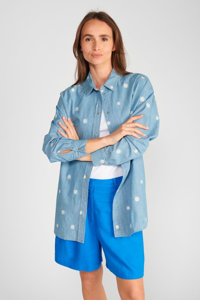 Le Temps Des Cerises Chemise Oversize Aubepin Bleu Denim Brodée