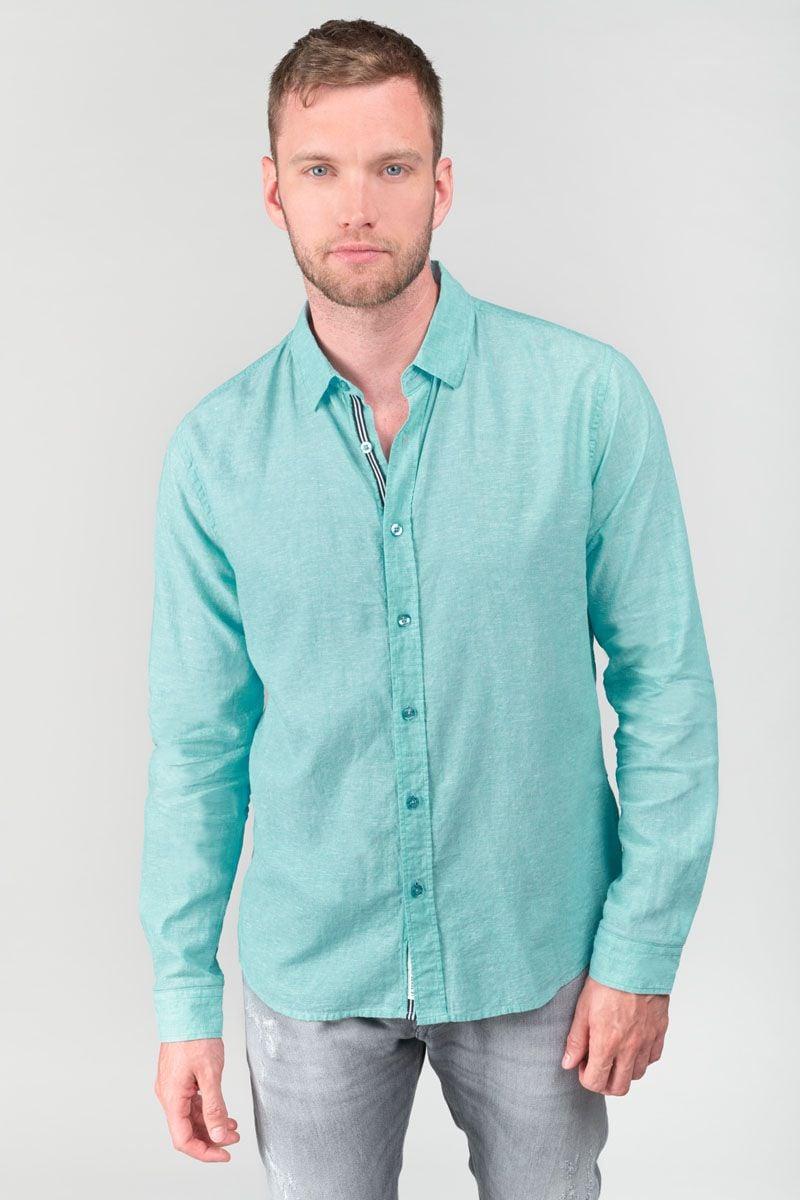 le temps des cerises Chemise Rodes en lin mélangé bleu turquoise